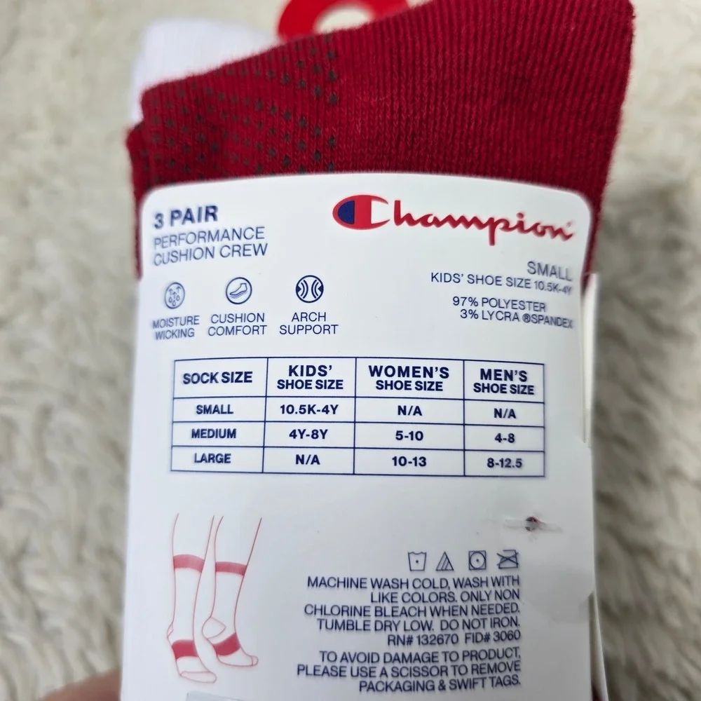 Champion Crew Socks Kids Small Black Red White 3 Pair Performance 10.5K-4Y‎ New